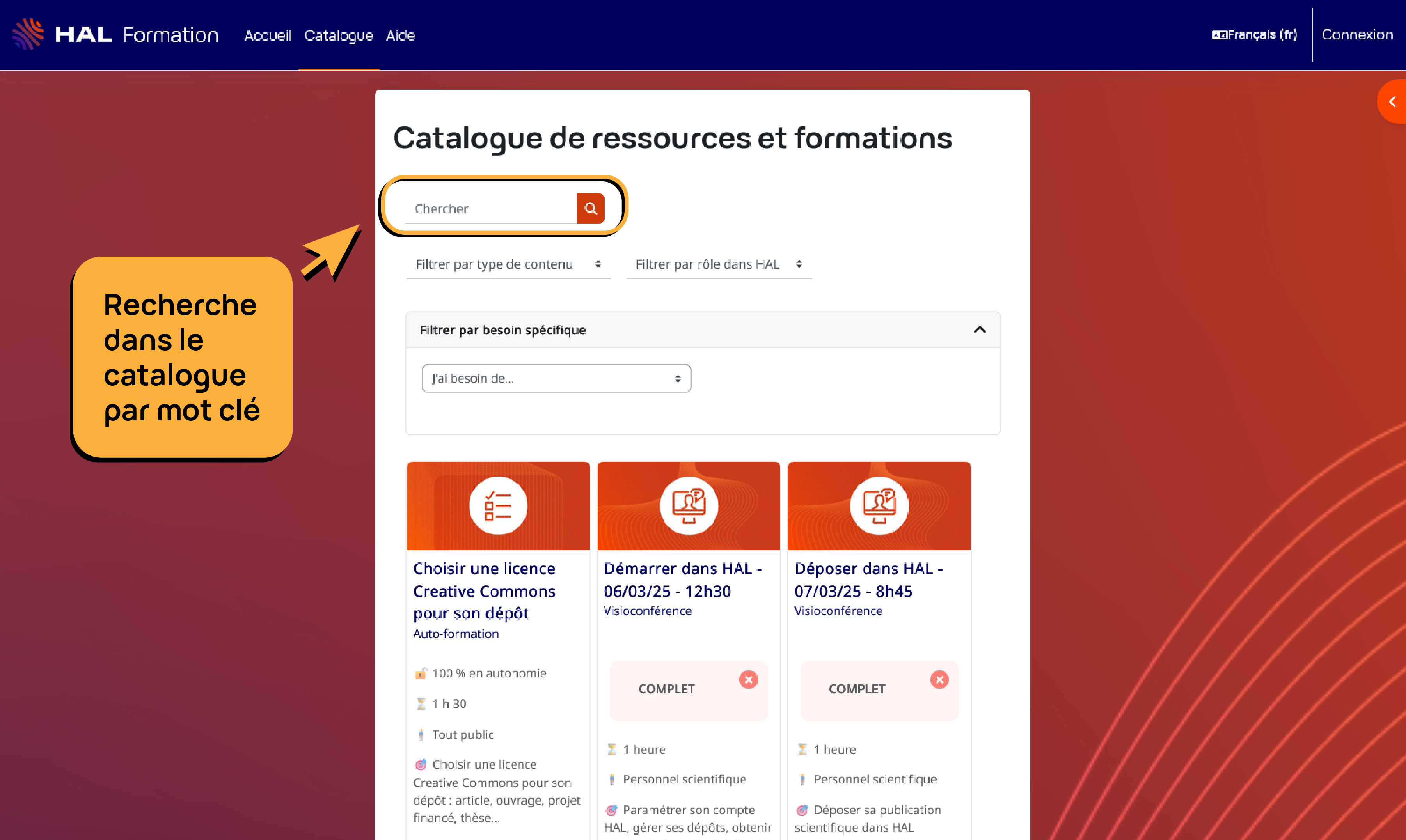 Capture d'écran - recherche dans le catalogue