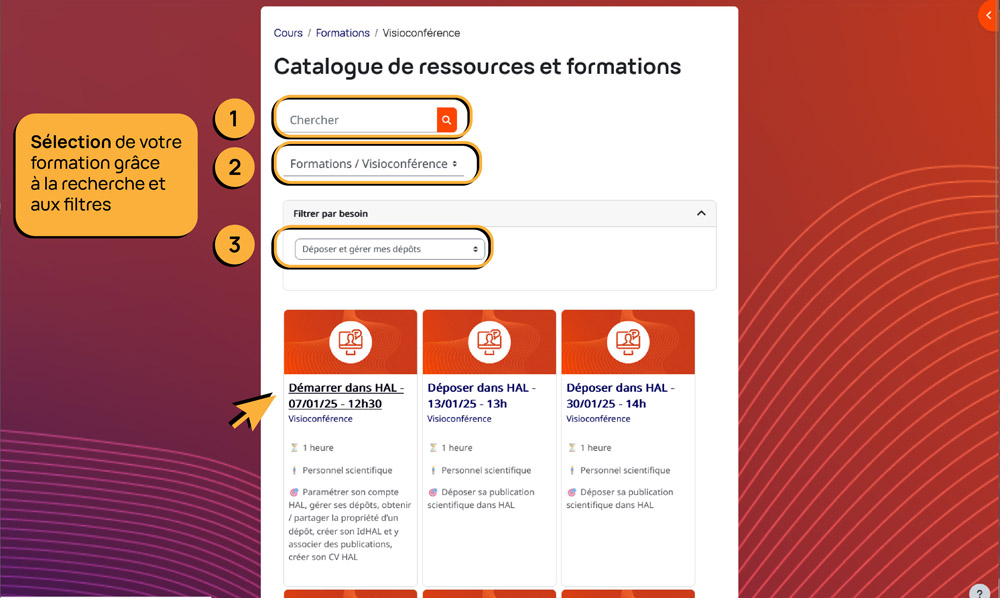 Capture d'écran catalogue - Sélection d'une formation