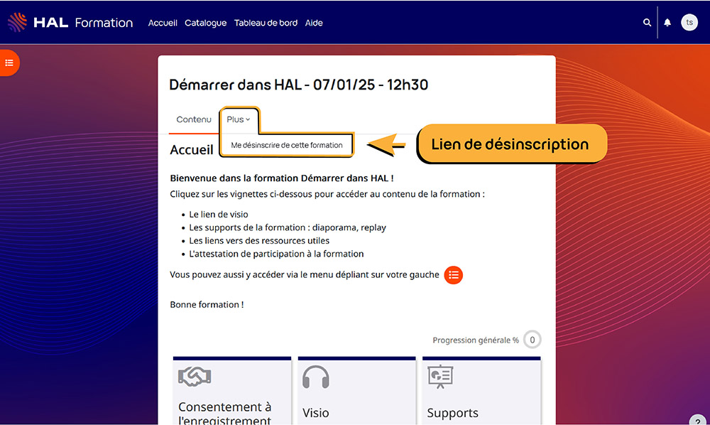 Capture d'écran présentation de la formation - Lien de désinscription