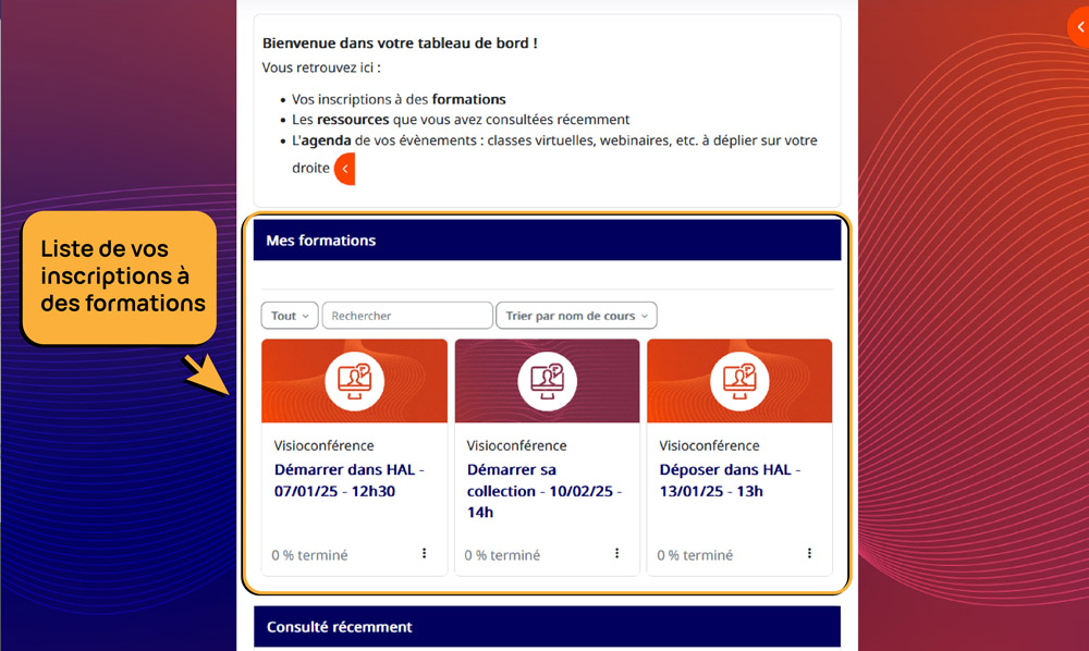 Capture d'écran tableau de bord - Liste des inscriptions aux formations