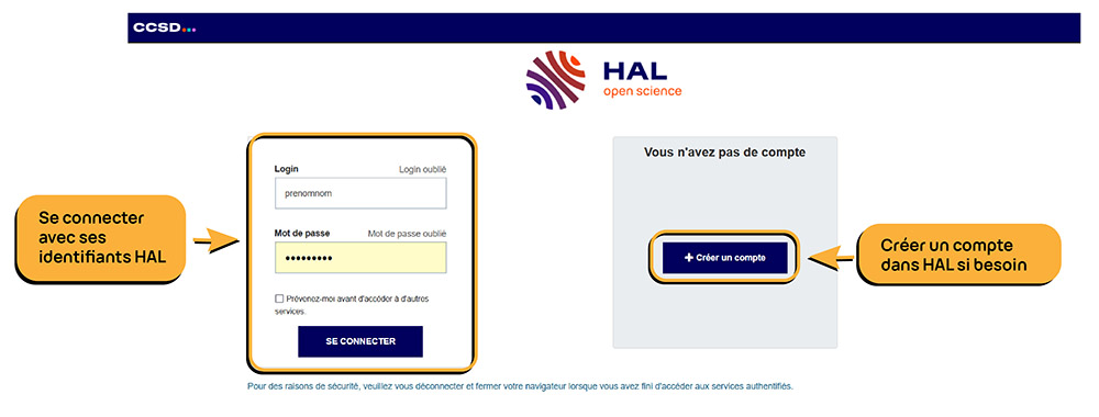 Écran de connexion à la plateforme HAL