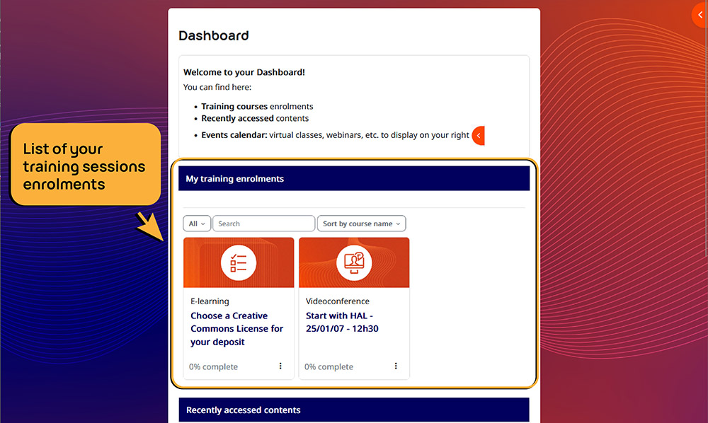  Dashboard Screenshot - Training session enrolments