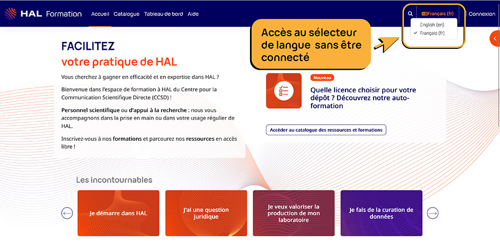 Capture d'écran accueil du site - Accès au sélecteur de langue mode en non connecté
