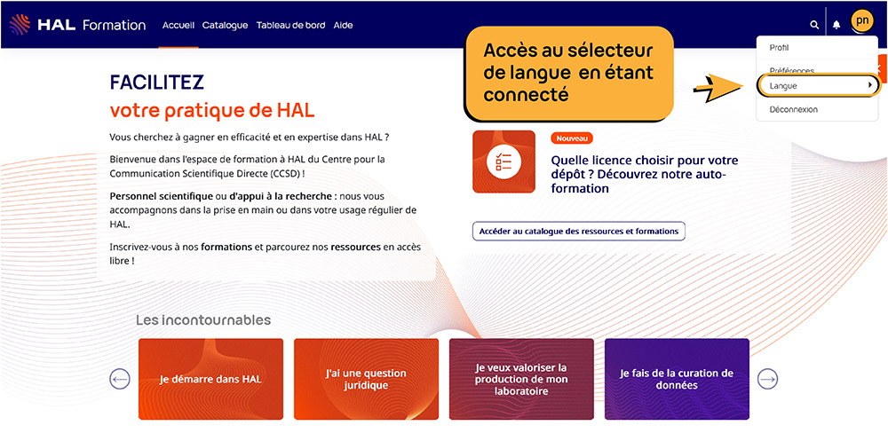 Capture d'écran accueil du site - Accès au selecteur de langueen mode connecté